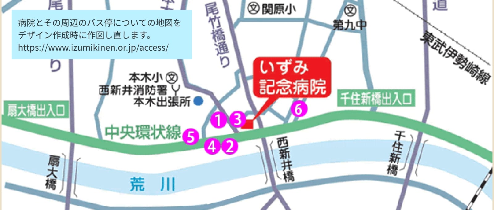 病院周辺マップとバス停